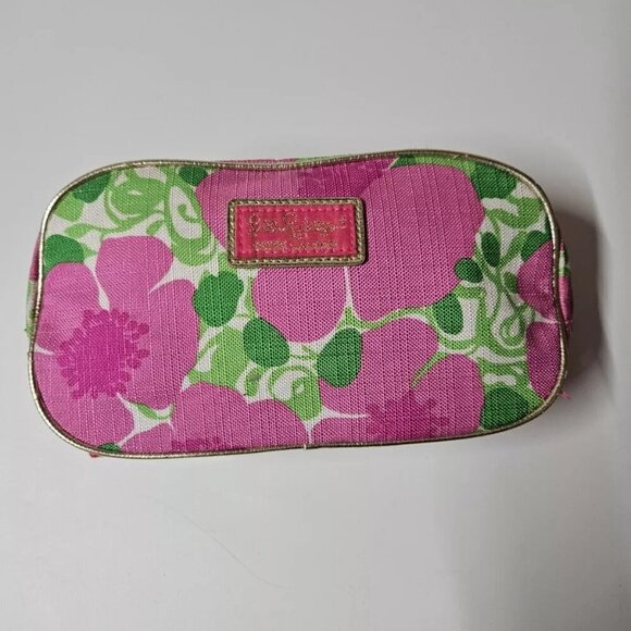 Lilly Pulitzer for Estee Lauder Makeup Bag Pink Floral Print Gold Piping Zipper - Picture 1 of 6